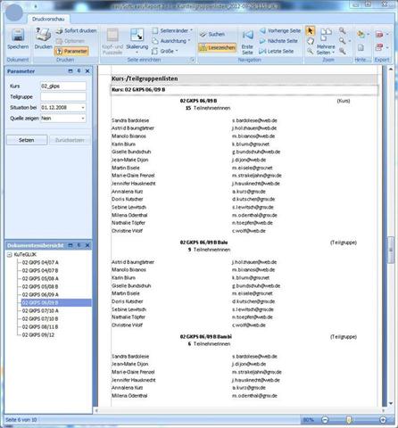 Ansicht Kursteilgruppenlisten